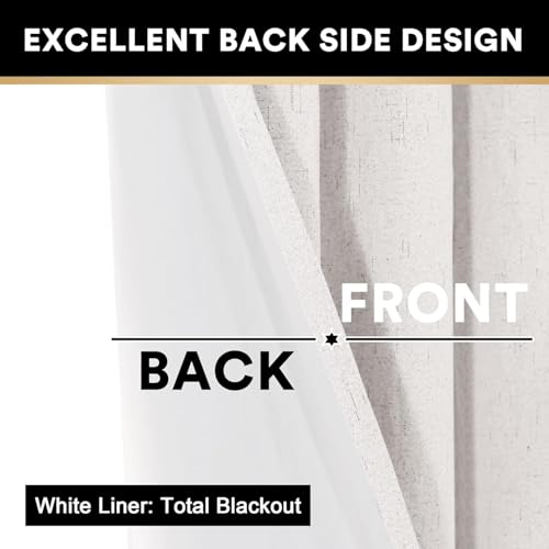 Image of PrinceDeco 100% Blackout Curtains 90 Inches Long with Thermal Insulated White Liner Linen Textured Blackout Curtains for Bedroom, W52 x L90, 2 Panels,90 inch Length for Doorway, Office, Ivory