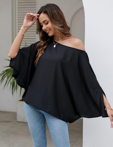 VIMPUNEC Womens Off The Shoulder Flowy Tops Casual Batwing Sleeves Blouses Loose Chiffon Shirts3