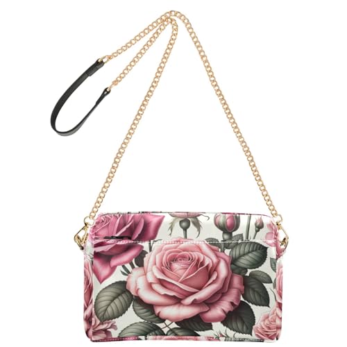 susiyo Crossbody Bag for Women Pink Color Rose Flowers PU Leather Shoulder Purses Womens Chain Bag