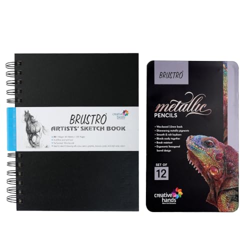 Image of BRUSTRO Artist Metallic Colour Pencil Set of 12 Shades, 3.3mm Lead with Wiro Bound Sketch Book, A5 (5.8x8.3 Inches), 120 Pages, 160 GSM | Ideal for Drawing, Sketching, Shading,Mandala Art