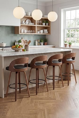Image of AQG Swivel Bar stools Set of 4 Bar Chairs 30 inch Counter Height Mid-Century Modern Bentwood Barstool PU Leather Upholstered Bar Chair with Back and Footrest, for Bar, Cafe, Dining, Kitchen Island, Black
