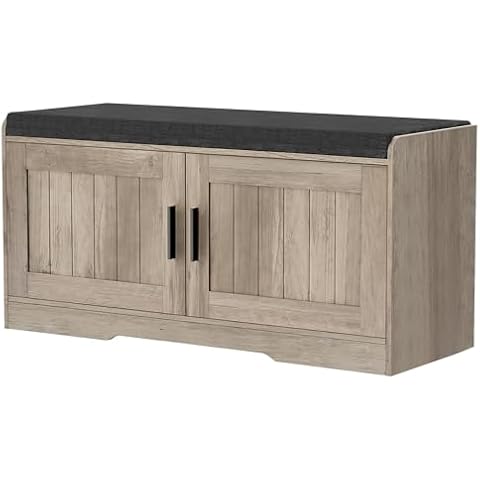 Homleke 2-Tier Storage Bench, Shoe Bench with Padded Seat Cushion, Entryway Bench with 2 Doors, Adjustable Shelf, 13.8" D x 37.4" W x 18.5" H, for Entryway, Living Room, Bedroom, Greige Cover