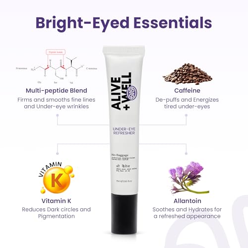 Image of Alive + Well No Baggage Under Eye Cream Gel for Dark Circles & Puffiness, with Caffeine & Tripeptides, Reduces Fine Lines & Crows Feet, Dermatologist Crafted, Cooling Massage Applicator -15ml (Pack of 2)