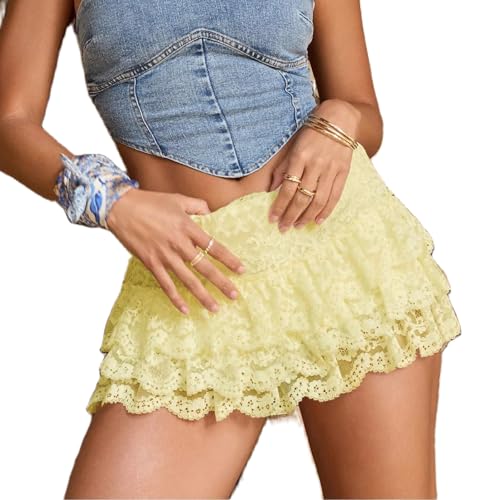 Women Y2k Lace Mini Skirt See Through Mesh Floral Short Skirts Ruffle Layered Pleated A Line Skirt Streetwear