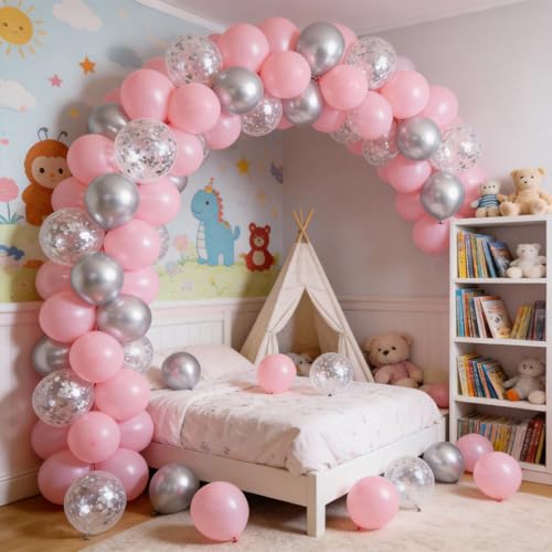 Image of 60Pcs Pink and Silver Balloons, 12inch Silver Confetti Party Latex Balloons | Pastel Pink Metallic Silver Party Confetti Balloons Set for Girl Party Birthday Bride Wedding Baby Shower Graduation