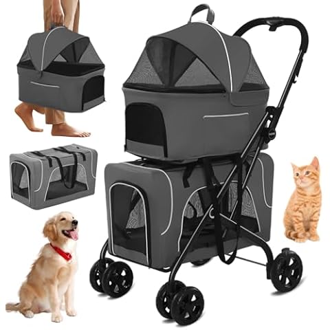 4 in 1 Dog Stroller for Small/Medium Dog with Detachable Carriers, Durable Pet Stroller with Wheels, Cat Stroller Dog Stroller with 600D Oxford Cloth, Ideal for 2 Dogs Cats (Grey) Cover