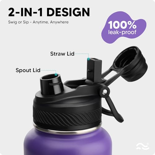 Image of Swigina [2-IN-1 LID] Insulated Water Bottle with Silicone Boot (36hrs Cold /18hrs Hot) - DIY Stickers, Leakproof, BPA Free, 32 oz