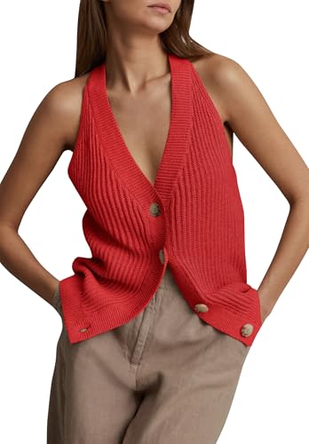 Image of Womens Button-Front Sweater Vest Top V Neck Sleeveless Knit Tank Fitted Halter Raceback Cardigan Vest