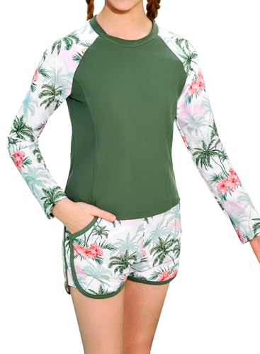 Image of Alakuoti Girls Rash Guard Swimsuit Two Piece Bathing Suit UPF 50+ Sun Protection Long Sleeve Swimwear 6-14 Years