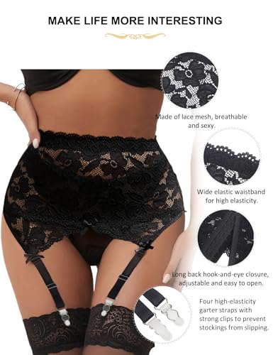 ohyeah Women's 2 Pcs High Waisted Lace Garter Belts Sexy Mesh Garter Belt Suspender for Thigh High Stockings Black (No Sock)3