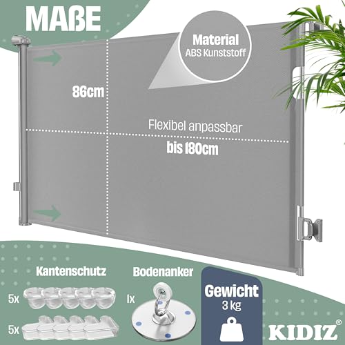 KIDIZ® Treppenschutzgitter Türschutzgitter ausziehbar 0-180CM | kindersicheres Treppengitter für Babys & Haustiere | Schutzgitter für Treppen & Türen Absperrgitter inkl. Bodenanker & Montagezubehör