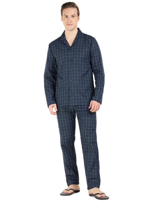 hancock Men Navy Blue Checked Pure Cotton Relaxed Fit Night Suit-picture-11