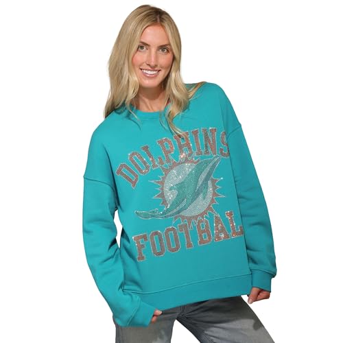 FOCO Miami Dolphins NFL Womens Rhinestone Logo Oversized Crew Neck Sweatshirt - M