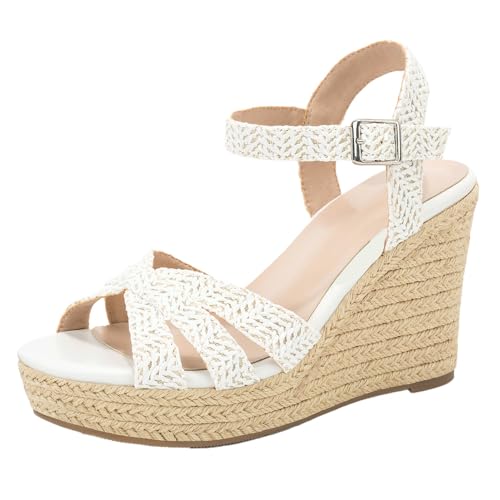 Image of Women's Wedge Platform Sandals - Stylish Raffia Woven Espadrilles Summer Sandals Women's Open Toe Buckle Ankle Wedge Heels
