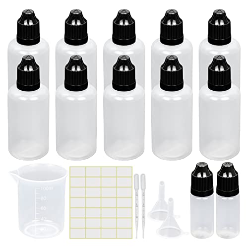 Reyshin 10 Pack 50ml Plastic Dropper Bottle, Plastic Empty Squeezable Dropper Bottles Eye Dropper Dispenser Paint Dropper Bottles with Funnel Measuring Cup Label Transfer Pipette, White