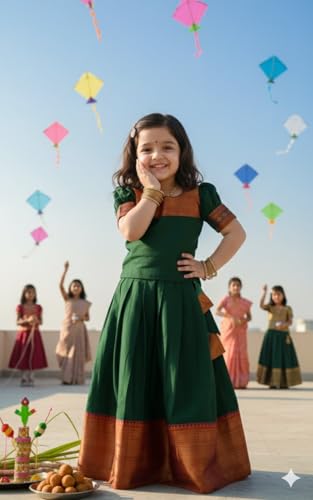 Image of R P CREATION Kids Silk Lehenga Choli Set | Zari Bordered Ghagra Choli | Traditional Ethnic Wear for Weddings, Poojas & Festivals