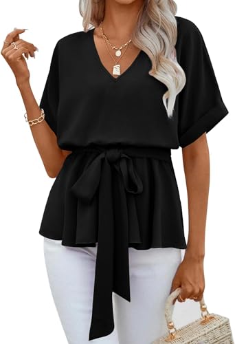 FSHAOES Womens V Neck Blouse Short Sleeve Belted Casual T-Shirts Basic Tee Tops