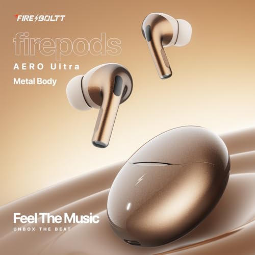 Image of Fire-Boltt Aero TWS Earbuds Custom EQ, Wireless Bluetooth 5.4, Music & App Support, 50H Playtime, Fast Charging Case, 50ms Low Latency for Gaming, Touch Controls, IPX4 Waterproof-Gold Metal