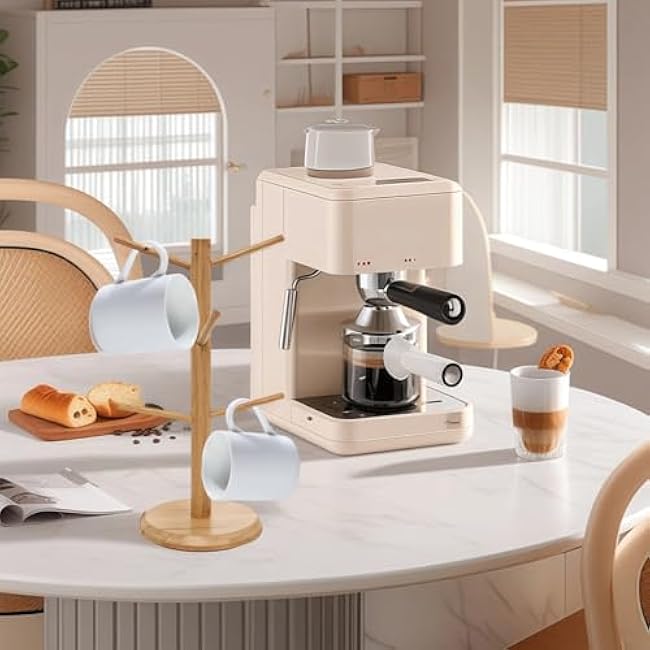 Kitchen Organizer Space-Saving, Coffee Cup Holder Wooden Freestanding, Kitchen Countertops Wood Color, Mug Tree Coffee with Six Hooks