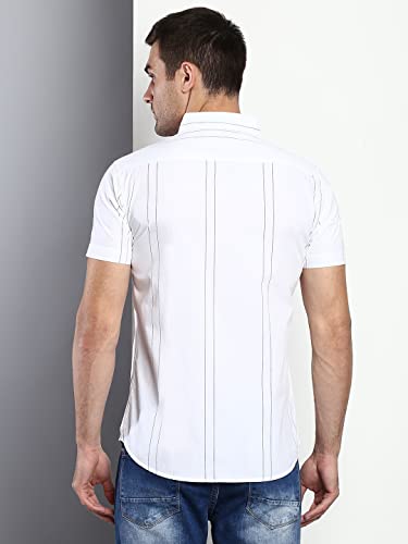 Image of Dennis Lingo Men's Striped Slim Fit Cotton Casual Shirt with Spread Collar & Half Sleeves