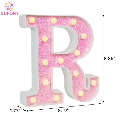 Image of Pink Glitter Marquee Light Up Letters, Battery Operated LED Letter Lights Signs for Pink Birthday Party Table Decorations, Wall Decor for Girls Bedroom, Initial Letter R with Warm White Lights