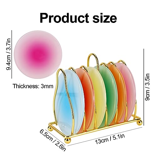 Image of Acrylic Coaster, 6 Pcs Drink Coasters Colorful Acrylic Coaster Set | Cute Coasters Round Heat Resistant Holder Anti Slip Table Coasters with Metal Holder Stand for Table Bar Desk Home Decor