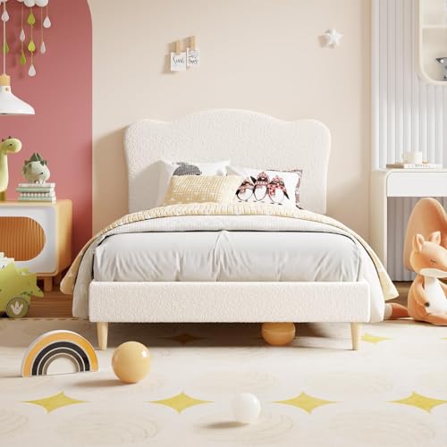 Image of GarveeHome Upholstered Twin Size Bed Frame for Kids with Scallop Headboard, Cute Velvet Twin Bed for Girls, Boys, Sturdy Platform Bed, No Box Spring Needed, Wooden Slats, Noise Free, Beige