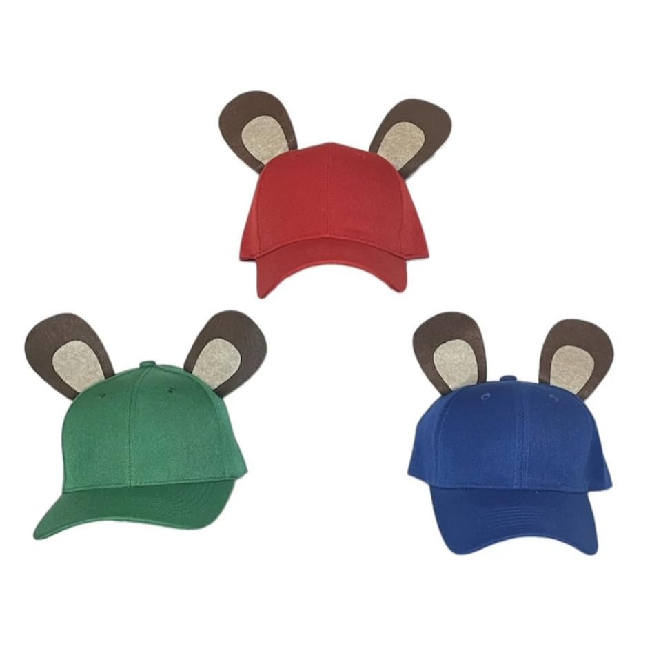3 Chipmunk Hats in Red, Green, and Blue with Ears Baseball Cap Halloween Costume Adjustable Hat