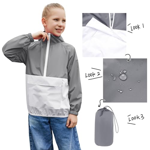 Image of MODAFANS Girls Boys Rain Jacket Lightweight Waterproof Packable Hooded Half zip RainCoats Windbreaker for Outdoor 4-13Year
