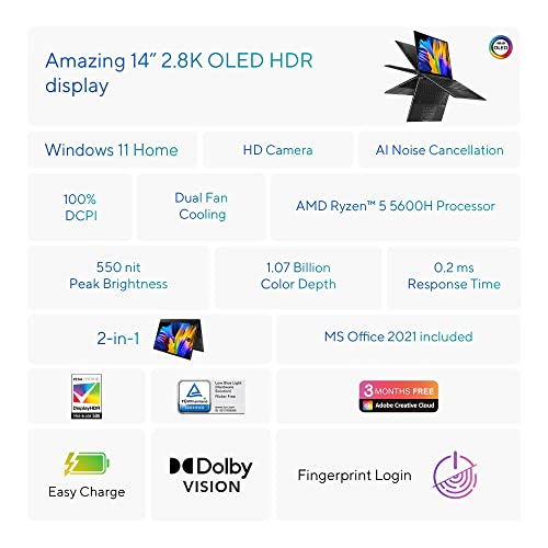 Image of ASUS Zenbook 14 Flip OLED (2022), 14-inch (35.56 cm) 2.8K OLED Touch 90Hz, AMD Ryzen 5 5600H, 2-in-1 Laptop, UN5401QA-KN511WS + BP1504 15.6 inch (39.62 cms) Backpack (Black)