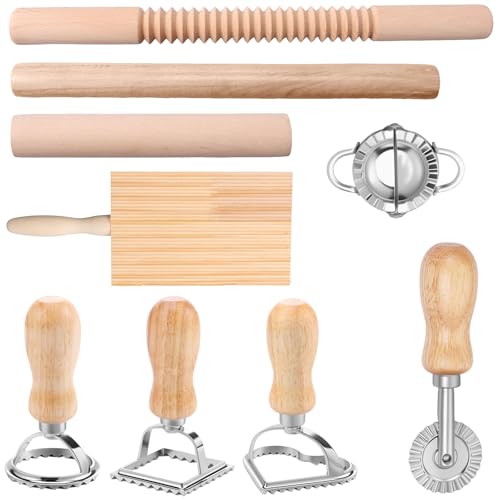 9 Pcs Pasta Making Tools Efficient Pasta Making Kit with Ravioli Stamp Cutters Rolling Pins Gnocchi Board Dough Cutter Dumpling Maker Practical Pastas Mak?Tool Set for Pastas Lovers Cooking