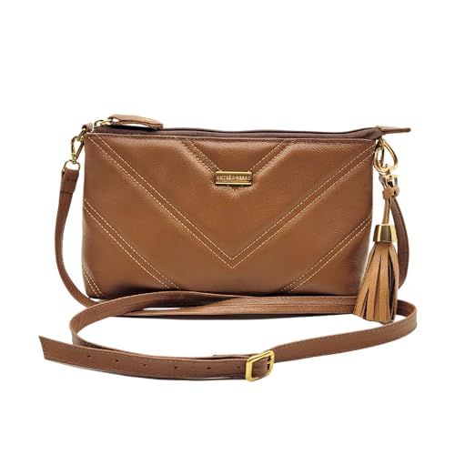 Bolsa Transversal Couro Legítimo Feminina Matelassê Bolso Interno Andreia Ribeiro (Caramelo Fly)