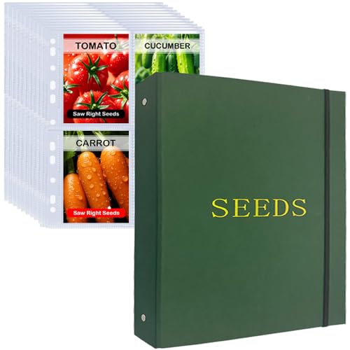 Wenscis Seed Storage Organizer Binder 3 Ring Seed Packet Organizer with 100 Pockets(25 Pack Clear Sheet Protectors) Garden Seed Holder Book for Envelopes Seed Saving Keeper Green