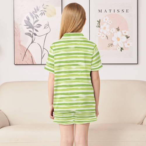Light Green Stripe Summer Satin Pajama Set, Cute Button-Down Sleepwear Pj Set for Sleep Wears4