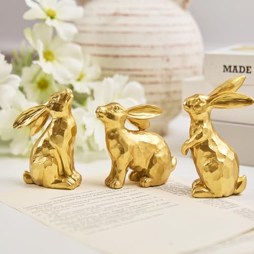 yumhum 3 Gold Easter Bunny Decorations, Resin Rabbit Figurine Small