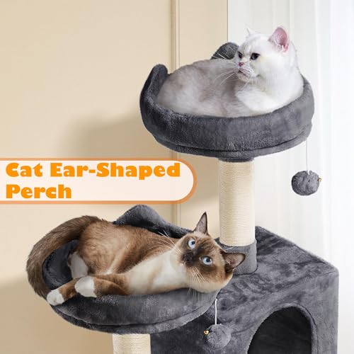 Yaheetech Cat Tree, 62.5in Multi-Level Cat Tower with 2 Cat-Ear Shaped Perches, 2 Cozy Condos, Scratching Posts & Hammock, Sturdy Indoor Activity Center for Multiple Cats, Dark Gray - Image 3