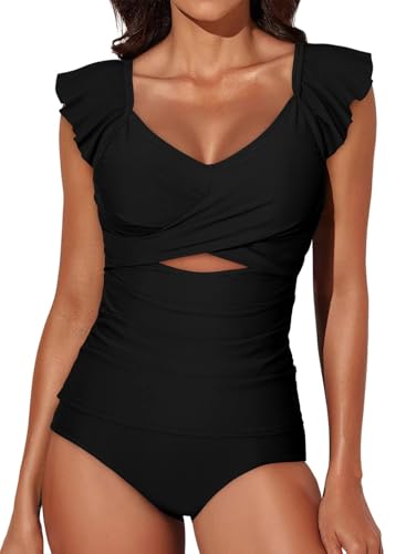 Aleumdr Two Piece Tankini Swimsuits for Women Cutout Tummy Control Bathing Suit Ruffled V Neck Tank Tops with Bottom