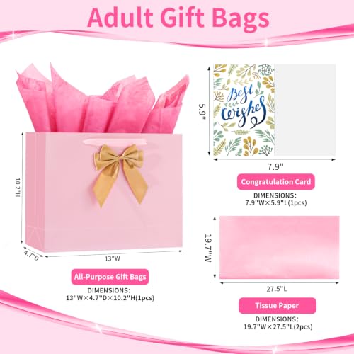 Image of Powbrace 13 inch Bright Pink Bags with Handles, Birthday Gift Bag Set - 1 Gift Bag with Bow, 2 Tissues & Greeting Card for Men Women,Gift Bags Medium size(1 PCS Bright Pink Glossy)