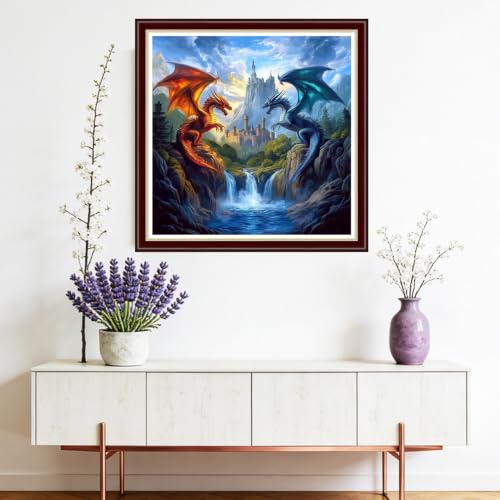 Image of Fanxvivy Stamped Cross Stitch Kits for Beginners Full Range of Cross Stitching Preprinted Embroidery Kits for Adults, 11CT Embroidery Pattern Needlepoint Kits-Two Dragons Castle 18x18 inchs