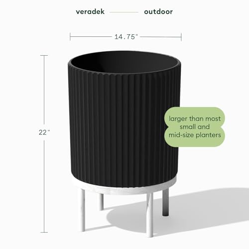 Image of Veradek Demi Series Raised Planter - Round Planter with Stand | Made From a Durable Plastic-Stone Composite & Comes With Wooden Stand. Modern Porch /Patio Decor