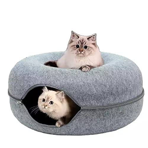 Beruyu Katzenbett, Katzenhaus, Katzenhöhle, Abnehmbares Katzentunnel Katzenspielzeug, Katzennest Filz Rundes Design, Donut Katzentunnelbett für Katzen, Kätzchen und Kaninchen (Hellgrau) Cover
