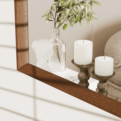 Image of WEER Brown Bathroom Mirror, 60x90cm Faux Wood Frame Rectangular Wall Mirror