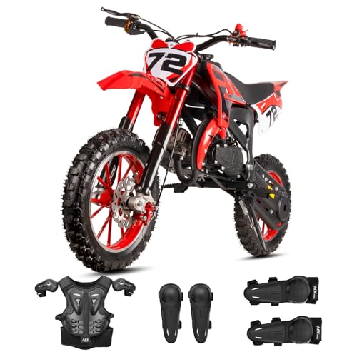 50cc Kids Dirt Bike Gas Powered Mini Dirt Bike 2-Stroke Off-Road with Suspension Brakes 50cc Class 24 MPH, with Protective Jacket and Knee Pads, Red