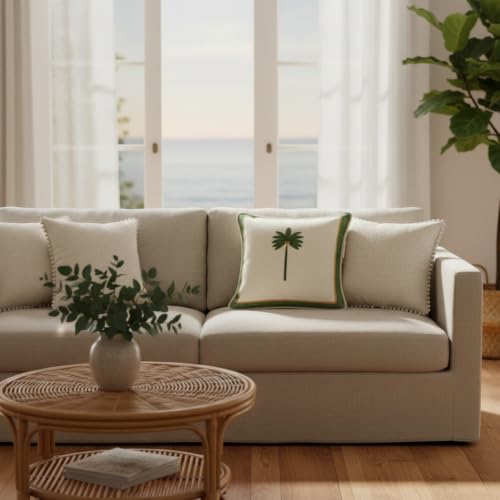 Image of Palm Stories Cushion Cover Set, Plant Pattern | Decorative Pillow Cover & Throws, For Living Room & Bedroom