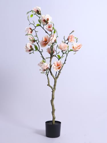 Image of ARICK DECOR 4Ft Artificial Pink Magnolia Flower Tree in Pot, 4ft Realistic Faux Lush Pink Silk Blossom Plant, Peacock Shaped Floor Decor for Home, Office & Balcony