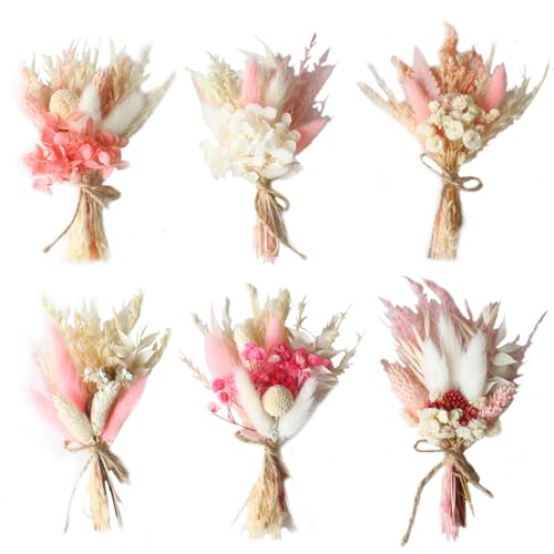 6 Bündel Trockenblumenstrauß Mini Echten Trockenblumen zum Basteln Boho Trockenblumenstrauß Rosa Klein Handgemachter Blumenstrauß Getrocknete DIY Trockenblumen Blumen Deko für Bilderrahmen
