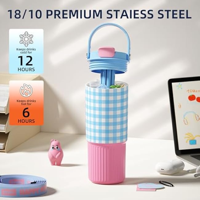 24 OZ Leak Proof Stainless Steel Tumbler with Straw, Insulated Portyable Water Bottle with Lid and Straw Fits in Cup Holder, Resuable Travel Coffee Mug for Women, Blue and Pink