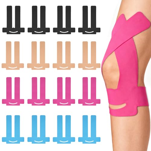 Weciau Cinta Kinesiologica Deportiva Precortada, 16 Cintas Kinesiotape Vendaje Neuromuscular Rodilla para Apoyo Duradero, Impermeable y Transpirable, Alivio del Dolor Muscular (Negro+Azul+Rosa+Carne)