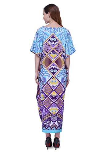 Image of Miss Lavish London Swimwear Cover ups Kaftan Dresses for Women Ethnic Print V Neck, Beach Coverups Plus Size, Side Slit & Pockets on Both Sides, Womens Beach Resort Wear-Purple-2XL