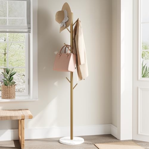 ELYKEN Coat Rack Freestanding with Natural Marble Base, Metal Coat Rack Stand with 10 Hooks, 3...
